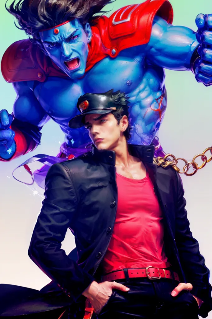 The image shows two men. The man in the foreground is wearing a red shirt and a black jacket. He has a serious expression on his face. The man in the background is much larger and more muscular. He is shirtless and has blue skin. He is wearing a red cape and a strange hat. He has a very angry expression on his face and is shouting. There is a chain that starts from the man in the foreground's hand and connects to the man in the background.