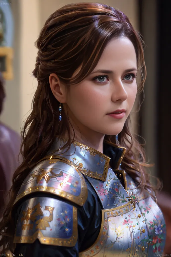 The image is a portrait of a young woman with long brown hair and blue eyes. She is wearing a suit of armor that is decorated with flowers and has a blue cape. The woman is looking to the right of the frame and has a serious expression on her face.