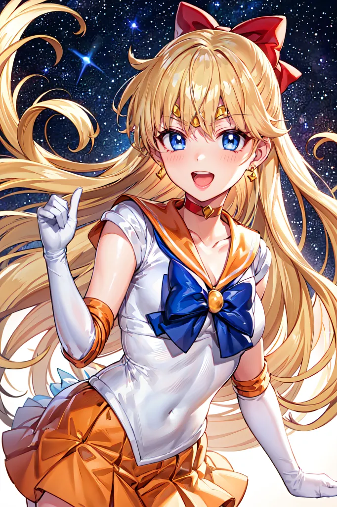 The image shows a young woman with long, flowing blonde hair and blue eyes. She is wearing a white and blue sailor-style outfit with a red bow at the collar and a yellow skirt. She is also wearing white gloves and orange boots. She is standing in front of a starry night sky and has her finger pointing up.