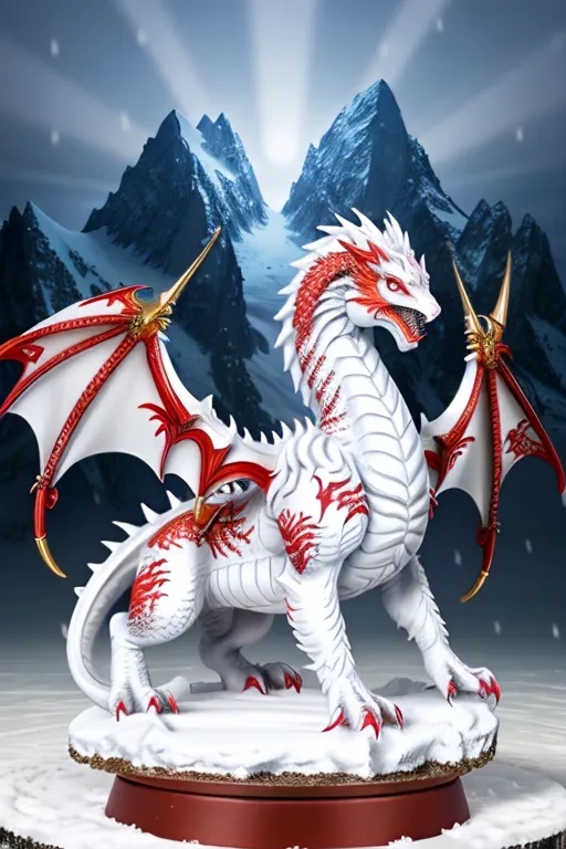 The image is a 3D rendering of a white dragon with red details. The dragon is standing on a snowy platform and has its wings spread out. The background is a snowy mountain range. The dragon is standing on a round platform. The dragon has a long, serpentine body with a muscular build. Its scales are white with red highlights and its wings are a tattered white and red. The dragon's eyes are red and its teeth are bared in a snarl.