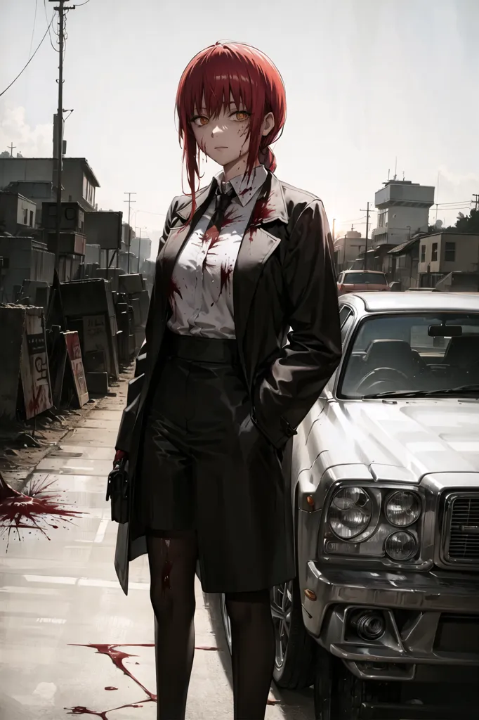 This is an image of a young woman with red hair, standing in front of a white car. She is wearing a black suit and a white shirt, and she is covered in blood. There is blood on the ground around her, and the background is a destroyed city. The woman is holding a gun in her right hand. She has a stern expression on her face.