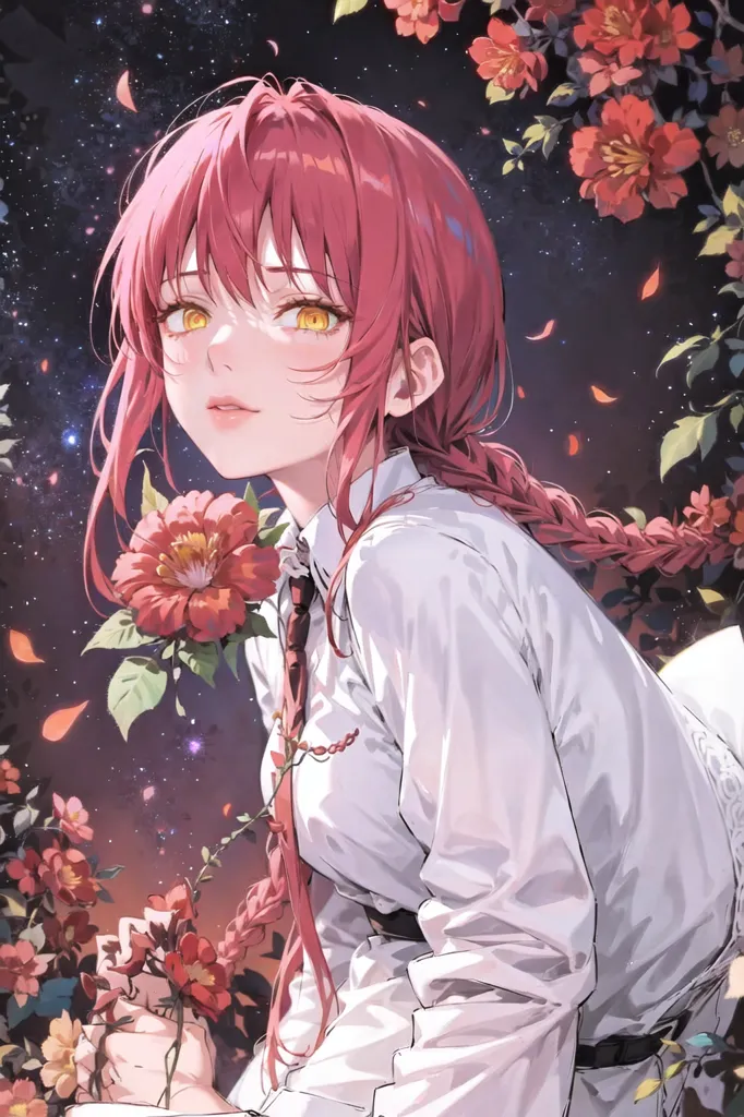 La imagen es un retrato de una mujer joven con el cabello rosa y los ojos amarillos. Lleva una camisa blanca y está rodeada de flores rojas. El fondo es un cielo oscuro con estrellas. La mujer mira al espectador con una sonrisa suave en su rostro.