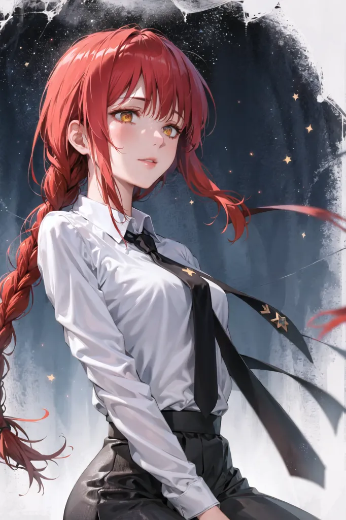 This is an image of a young woman with long red hair and yellow eyes. She is wearing a white dress shirt and black slacks with a black tie. She has a serious expression on her face. She is standing in front of a white background with a starry night sky.