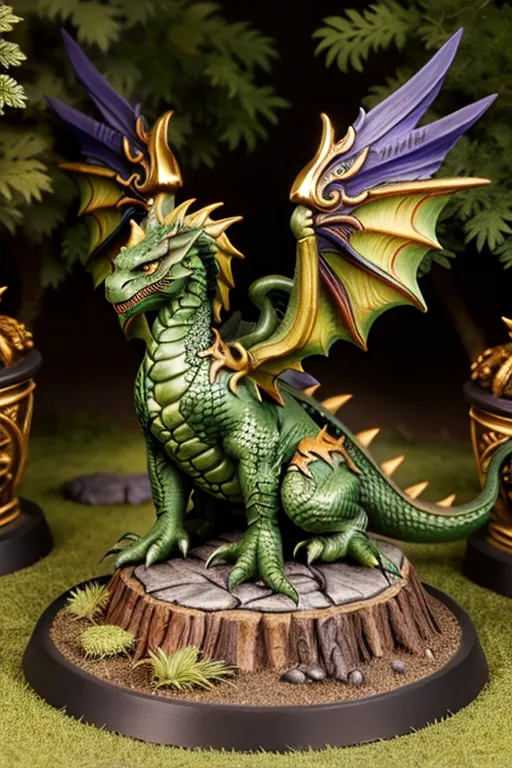 The image is of a green dragon miniature that is sitting on a rock. The dragon has gold and purple wings and a long tail. It is looking to the left of the frame. The miniature is painted in a realistic style and is very detailed.