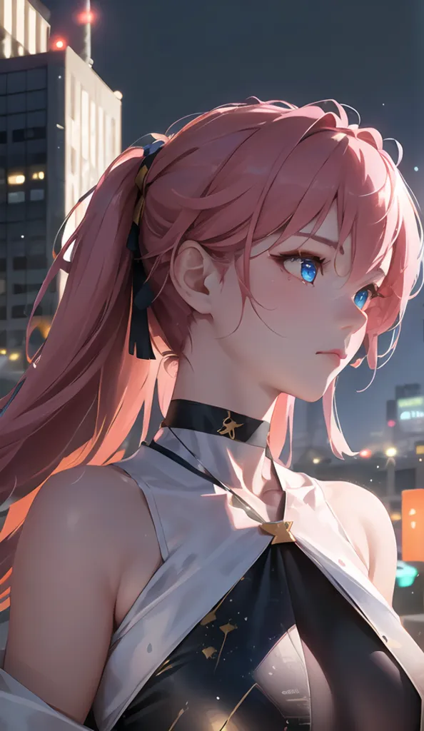 The image is a portrait of a young woman with pink hair and blue eyes. She is wearing a white and black outfit. The background is a blurred cityscape at night.