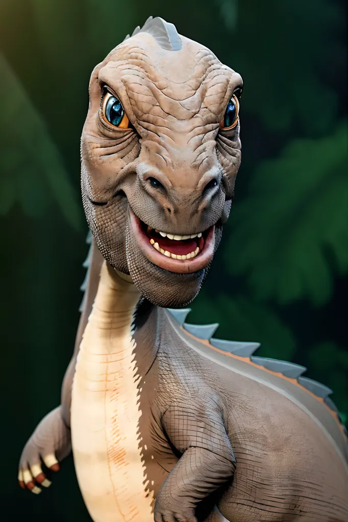 This is a computer-generated image of a dinosaur. It is a light brown color, with a lighter colored belly and a dark brown stripe going down its back. It has big eyes and a wide smile. It looks like it is excited or happy. The background is blurred, and is made up of green foliage.