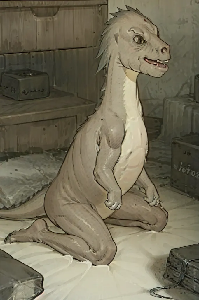 The image shows a small dinosaur-like creature sitting on the floor of a room. The creature has light gray skin and a long tail. It is sitting on its haunches and its arms are resting on its knees. The room is dimly lit and there are several boxes and crates in the background.