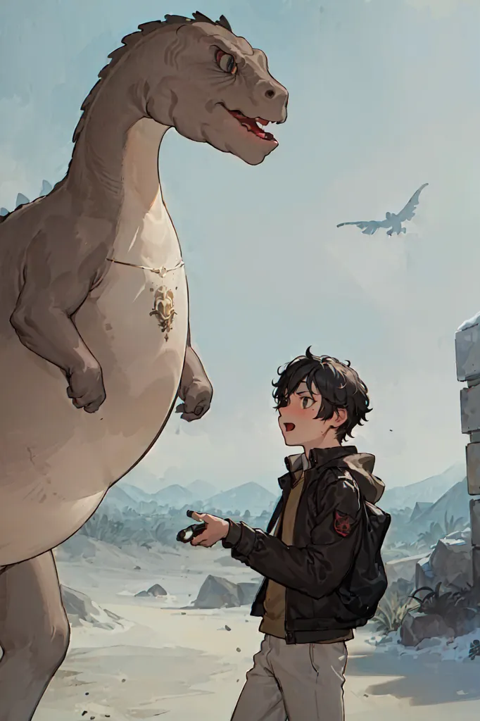 A boy is standing in a snowy field, looking up at a large dinosaur. The dinosaur is gray and has a long neck and a big mouth. It is wearing a golden necklace. The boy is wearing a brown jacket, a white shirt, and gray pants. He has a surprised expression on his face. In the background, there are two birds flying in the sky.