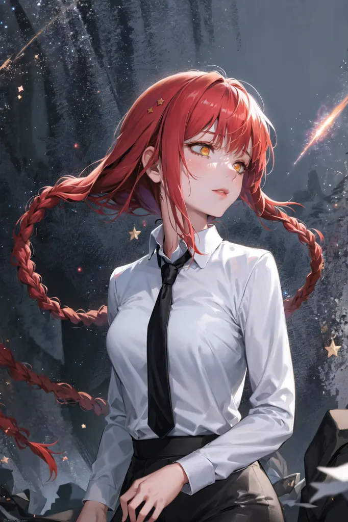 This is an image of a young girl with long red hair and yellow eyes. She is wearing a white dress shirt and black tie. She is standing in front of a dark background with stars. The girl has a serious expression on her face.