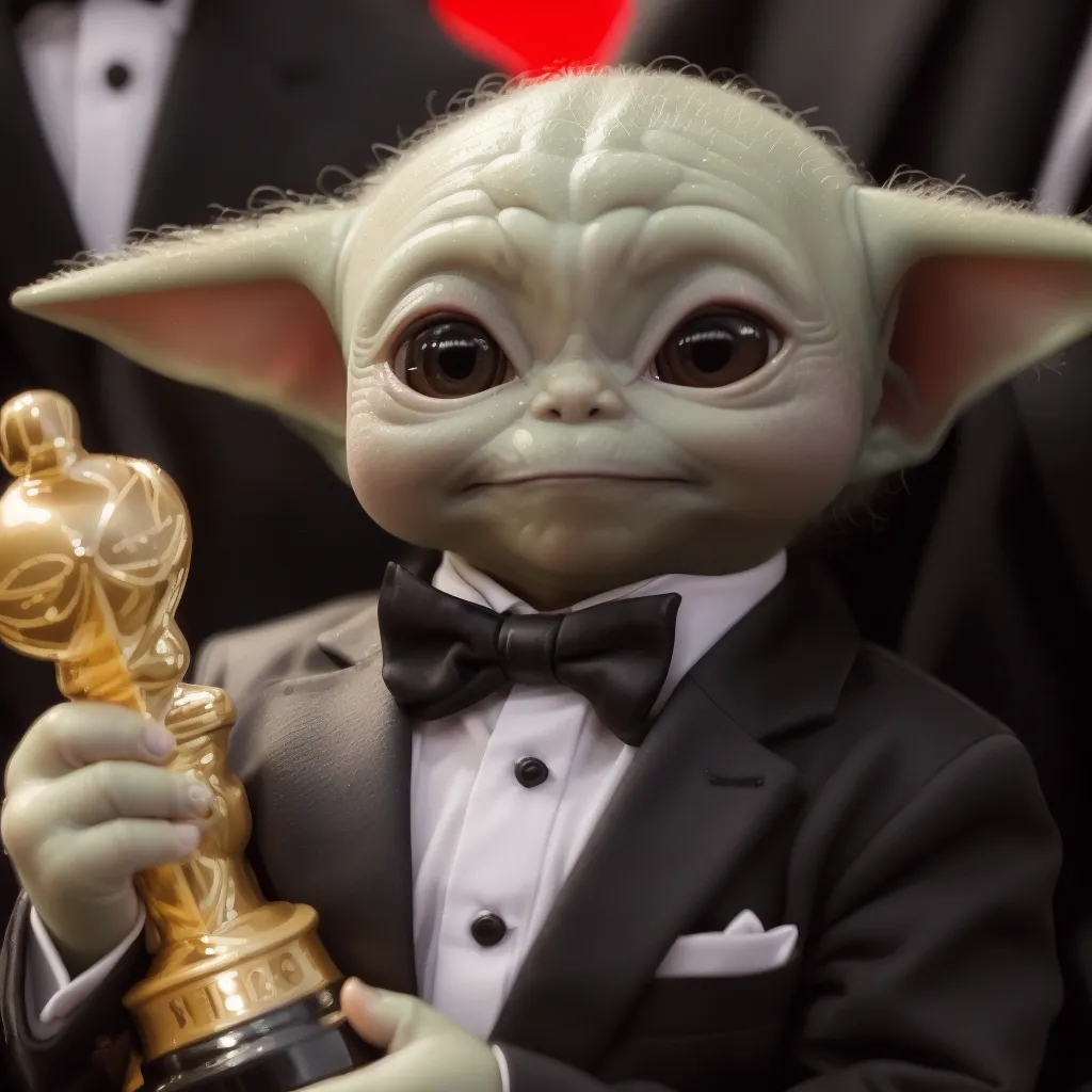 The image shows a small, green, alien creature wearing a black tuxedo and bow tie. The creature has large, round eyes and pointed ears. It is holding a golden Oscar statuette in its right hand. The background of the image is blurred, but it looks like the creature is standing on a red carpet.