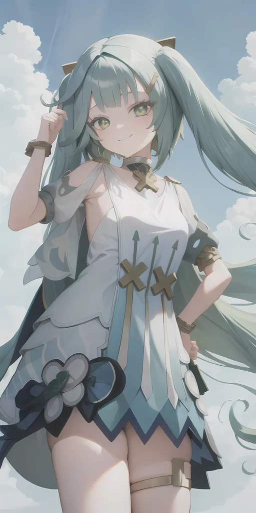 The image is of an anime-style girl with long, light green hair and green eyes. She is wearing a white dress with a blue and green corset. She has a brown belt around her waist and a flower-shaped accessory on her right hip. She is also wearing a bracelet on her right wrist. The girl is standing in a field of flowers and there are clouds in the background.