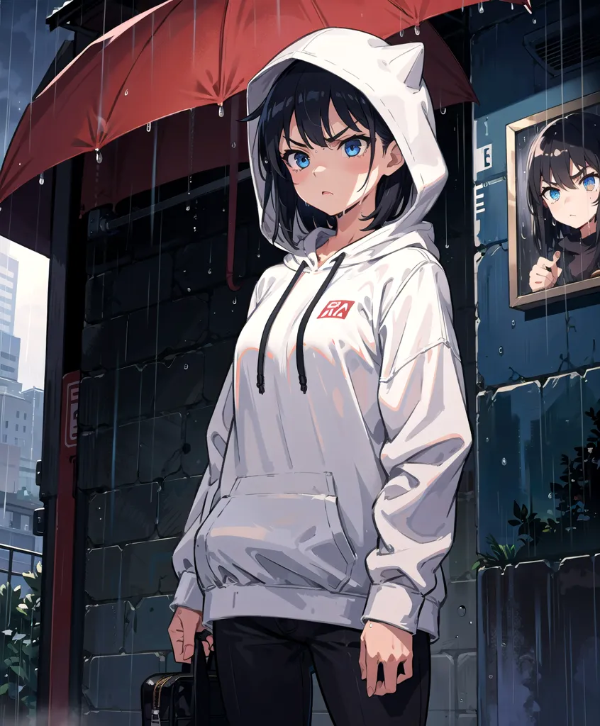 The image is of a young woman standing in the rain. She is wearing a white hoodie with a red and black umbrella. The woman has black hair with cat ears. She is looking at the viewer with a serious expression. There is a building with a picture of the same girl behind her.