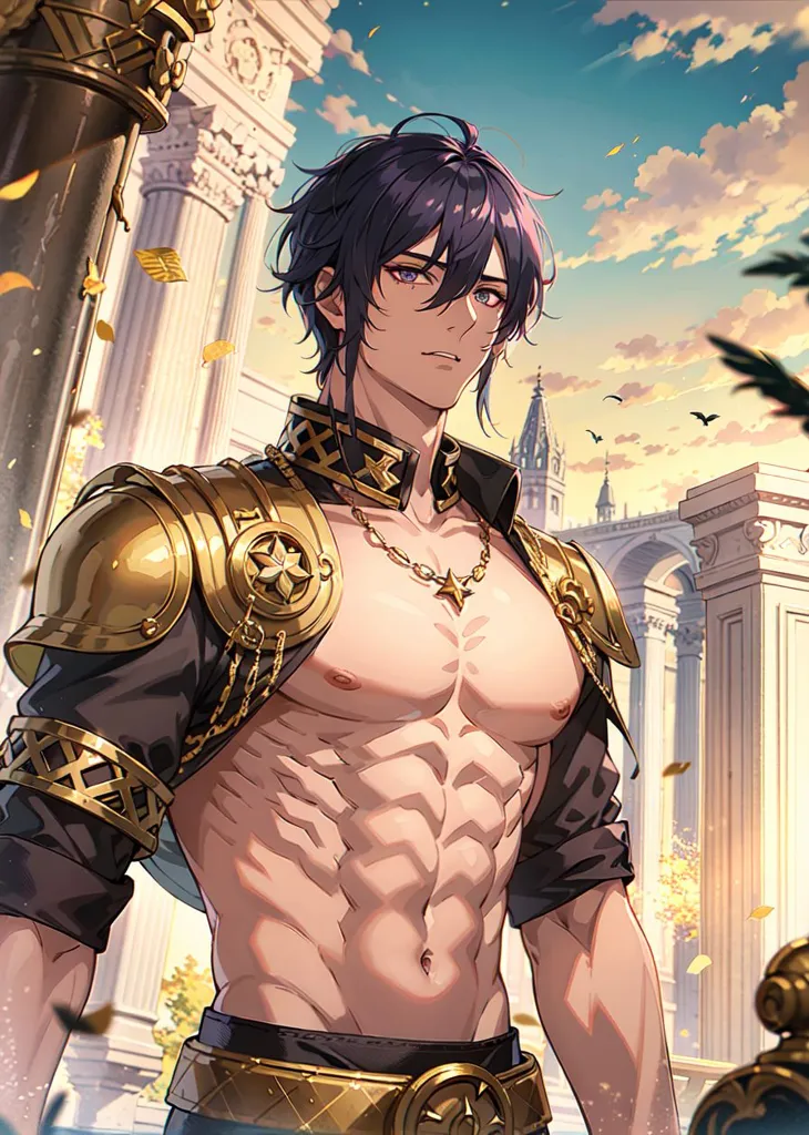 This is an image of a man with dark purple hair and dark purple eyes. He appears to be of muscular build, with his shirt unbuttoned, showing off his chest and abdomen. He is wearing a gold necklace and gold shoulder pads, as well as a gold belt. He is standing in front of a building or structure that appears to be made of marble. There are trees and plants in the background. The sky is blue and there are some clouds in the sky.