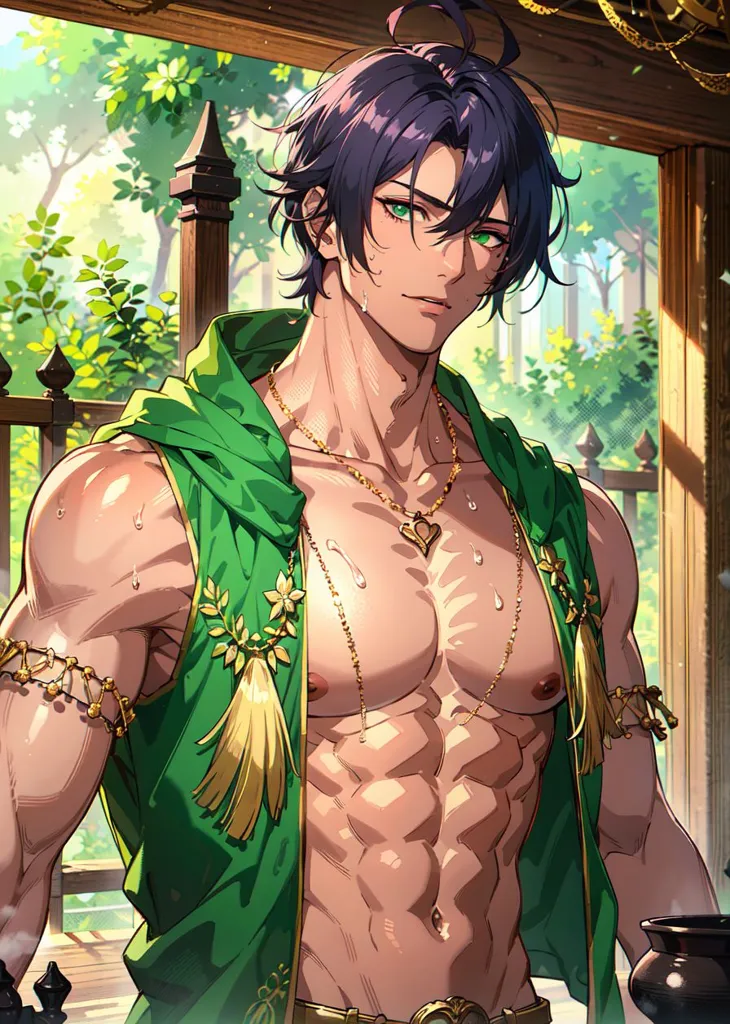 The image is of a shirtless man with green eyes and dark green hair. He is wearing a green vest and has gold jewelry on his neck, arms, and waist. He is standing in front of a wooden fence and there are trees and plants in the background. The man has a muscular build and is sweating. He looks like he is from a video game or anime.