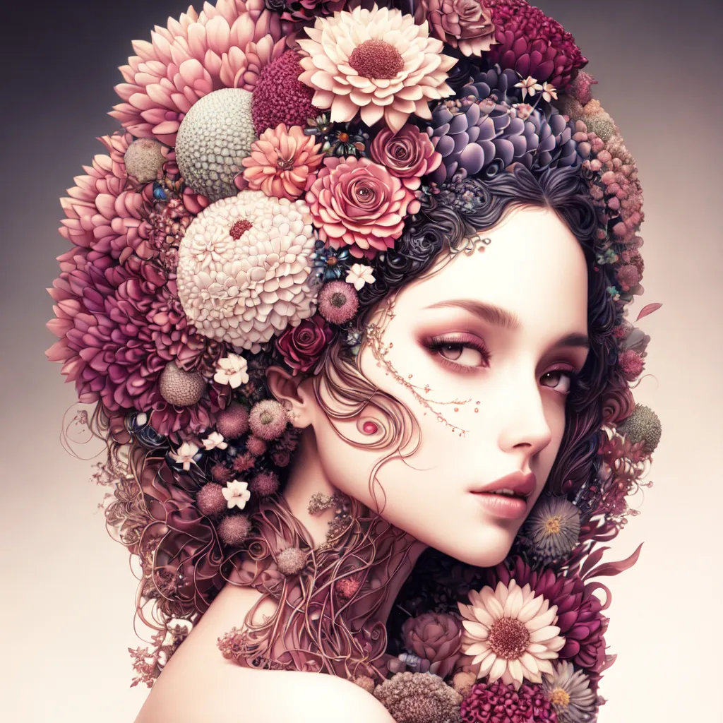 La imagen es un retrato de una mujer joven con el cabello largo y ondulado. Su cabello está adornado con una variedad de flores, incluyendo rosas, lirios y margaritas. Las flores están dispuestas de una manera que es tanto hermosa como natural. El rostro de la mujer es delicado y femenino, con rasgos suaves y una expresión gentil. Sus ojos son de un color marrón profundo, y sus labios son de un rosa suave. La piel de la mujer es impecable y suave. El fondo de la imagen es de un color neutro y suave que no distrae de la belleza de la mujer. El efecto general de la imagen es de belleza, gracia y feminidad.