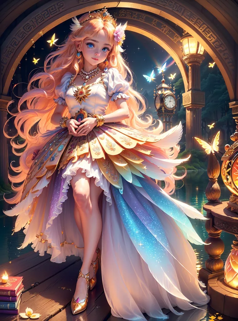 A imagem é uma pintura de uma bela mulher com cabelos longos e ondulados. Ela está usando um vestido branco com uma faixa amarela e uma tiara na cabeça. Ela está em pé em um jardim exuberante, com uma torre do relógio ao fundo. Há borboletas e flores por toda parte. A pintura é feita em um estilo realista, e as cores são vibrantes e realistas. A expressão da mulher é serena e tranquila. A pintura é uma representação bela e fantástica de uma princesa de conto de fadas.