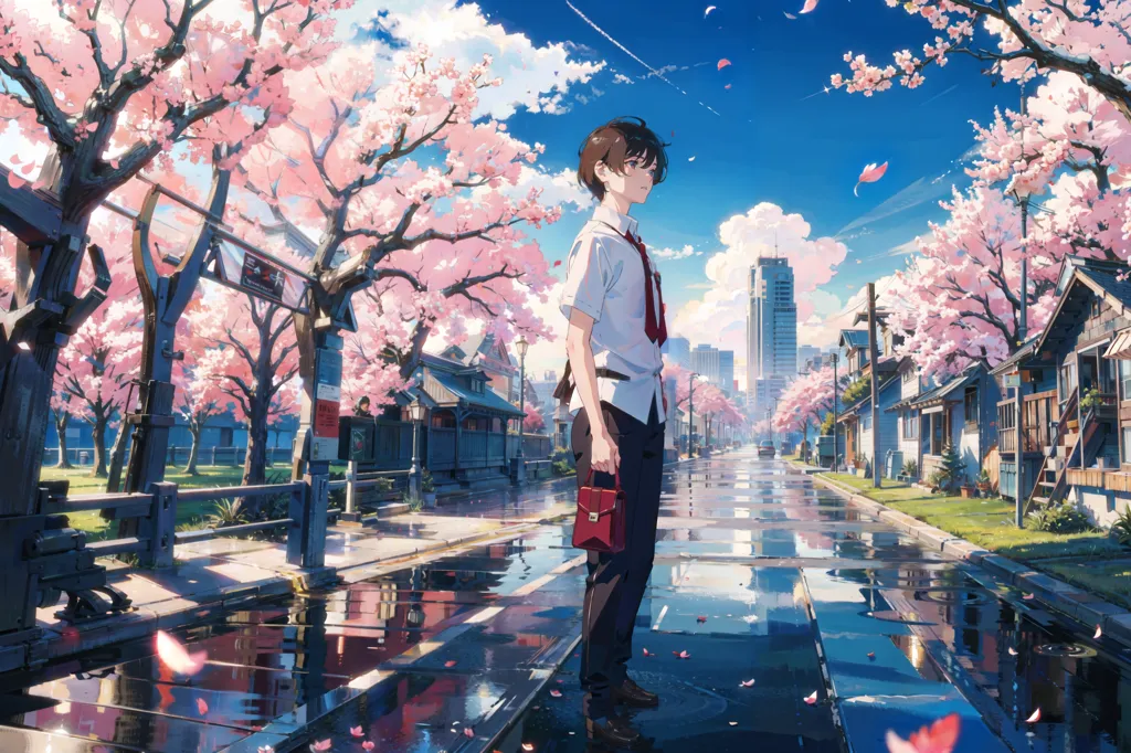 The image is set in a small town in Japan. The cherry trees are in full bloom, and the petals are falling like snow. A young man is walking down the street, carrying a briefcase. He is wearing a white shirt and dark pants, and he has a red tie on. He looks sad and thoughtful. The image is very peaceful and serene, but there is also a sense of melancholy.