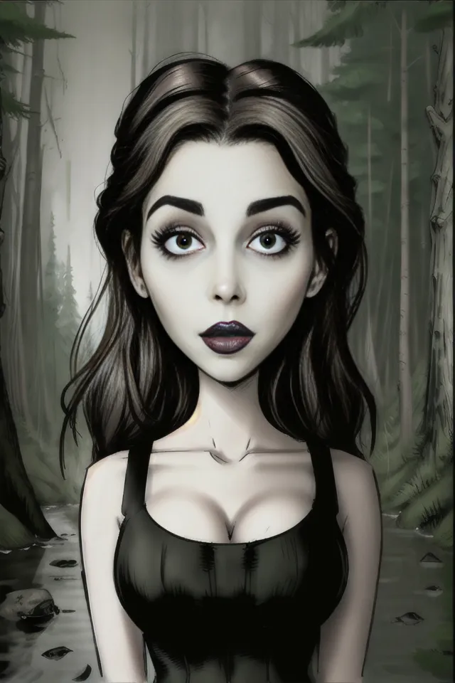 This image is a cartoon drawing of a woman with long black hair, dark skin, and purple lipstick. She is wearing a black tank top and has a serious expression on her face. She is standing in front of a forest with a river running through it. The trees are bare, and the ground is covered in leaves. The water in the river is murky, and there is a skull floating in it. The sky is dark, and there are clouds in the distance.