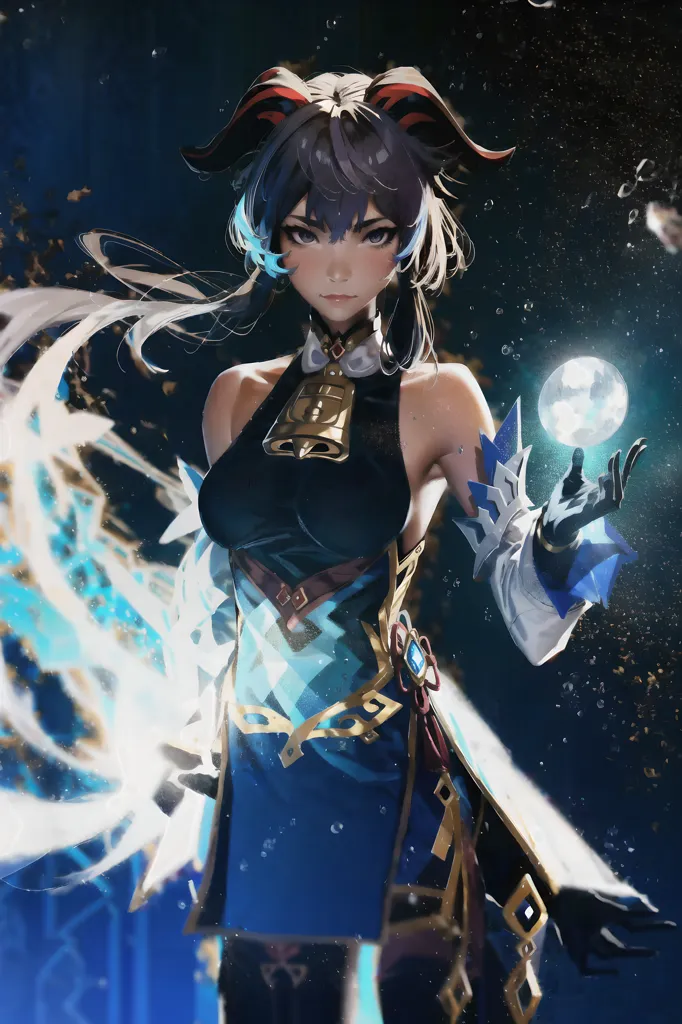 The picture shows a young woman with long flowing hair and black horns on her head. She is wearing a blue dress with a white collar. The woman is standing in front of a dark blue background with a bright light in the center. She has a serious expression on her face and is looking