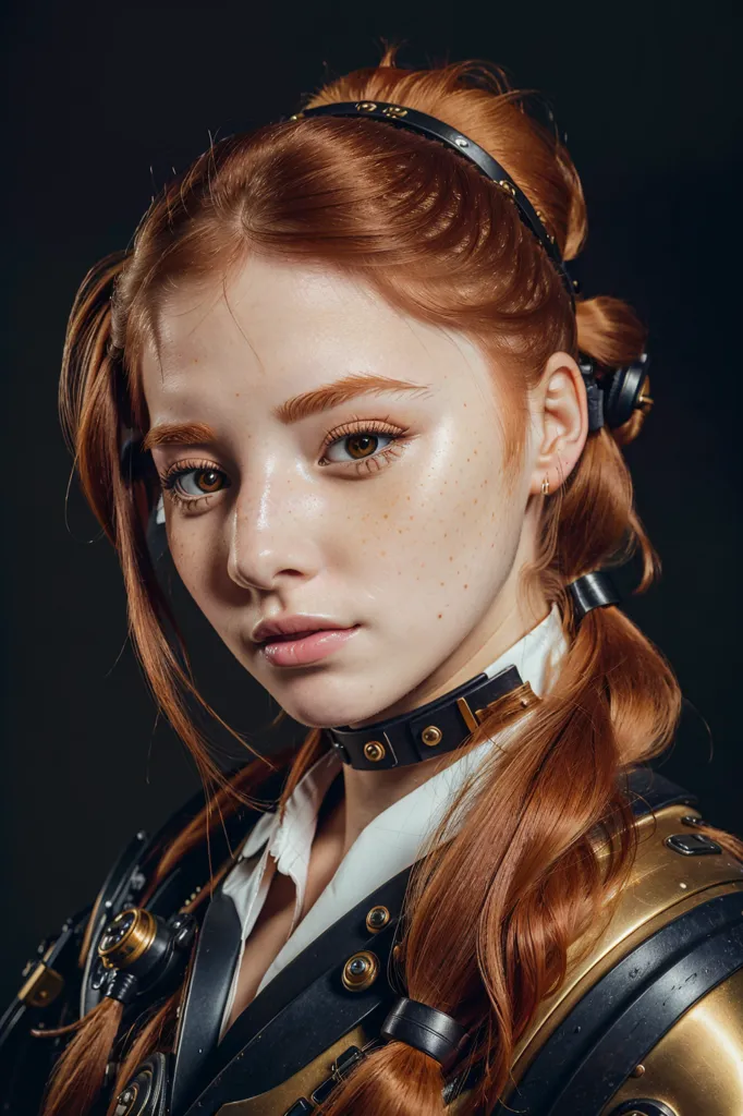 La imagen es un retrato de una mujer joven con el cabello largo y rojo. Lleva una camisa blanca y un chaleco de cuero marrón. El chaleco está decorado con hebillas y remaches de latón. También lleva un par de gafas de protección y un cinturón de cuero marrón alrededor del cuello. El fondo es negro.