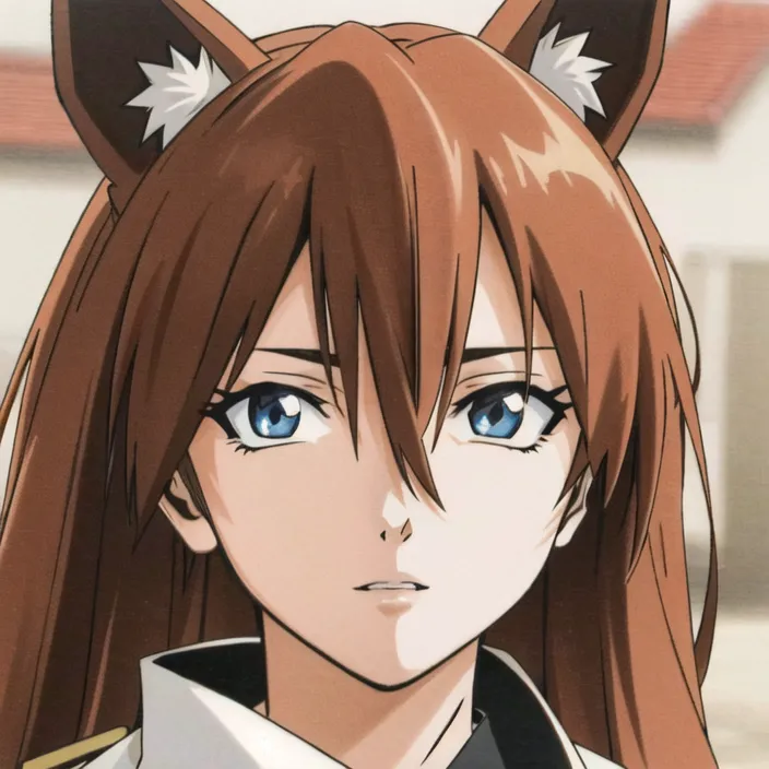 The image shows a young woman with brown hair and blue eyes. She has fox ears and is wearing a white shirt with a black tie. She has a serious expression on her face.