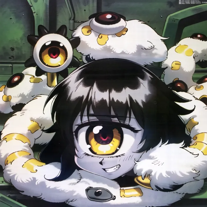 The image is of a girl with black hair and yellow eyes. She is wearing a white dress with a black collar. She is sitting in a dark room, surrounded by strange creatures. The creatures are white and fluffy, and they have large eyes. They are all staring at the girl. The girl is smiling, but she looks sad. It seems like she is scared, but she is trying to be brave.