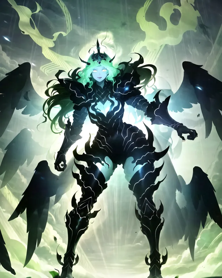 The image is of a tall, slender woman with long, green hair and black wings. She is wearing a black and green bodysuit with a heart-shaped cutout on her chest. She has a crown on her head and is surrounded by a green glow. There are also four white hands reaching out from the clouds behind her.