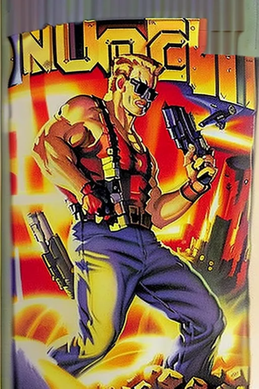 Gambar ini menunjukkan Duke Nukem 3D, sebuah game video penembak orang pertama yang dirilis pada tahun 1996. Game ini berlatar di dunia pasca-apokaliptik di mana pemain mengambil kendali atas Duke Nukem, seorang mantan tentara pasukan khusus yang harus melawan alien yang telah menyerang Bumi. Gambar ini menunjukkan Duke Nukem berdiri di depan latar belakang yang berapi-api, memegang dua senjata dan mengenakan kacamata hitam. Dia mengenakan tank top biru dan celana jeans, serta memiliki cerutu di mulutnya. Gambar ini digambar dalam gaya komik, dan mengingatkan pada sampul banyak film aksi dari tahun 1980-an dan 1990-an.