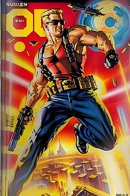 這是一本來自1990年代的電子遊戲雜誌的封面。封面上展示的是主角Duke Nukem,他是同名電子遊戲系列的主角。他被描繪成一個肌肉發達、金髮戴墨鏡的男子,穿着紅色背心和藍色牛仔褲。他手持兩把槍,正在空中跳躍,背景是一座未來城市。這幅圖像採用漫畫風格繪製,色彩鮮豔,比例誇張。