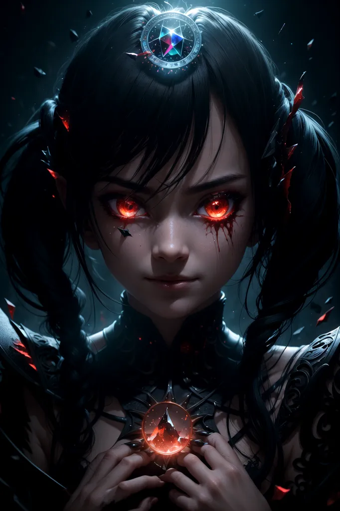 The image is a portrait of a young woman with long black hair and red eyes. She is wearing a black dress with a red gem on her forehead. The background is dark, with a hint of red light. The woman's expression is serious and intense. She seems to be focused on something or someone. The image is very detailed, and the woman's face is rendered beautifully. The artist has used a variety of techniques to create a realistic and immersive image