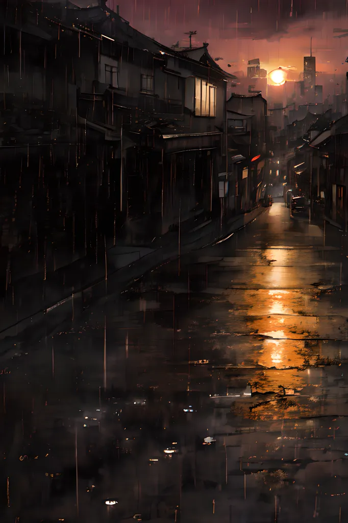 The image is a street scene in a rainy city. The street is narrow and lined with traditional Japanese buildings. The buildings are mostly made of wood and have white walls and black tiled roofs. The street is wet from the rain and the orange glow of the setting sun is reflected in the puddles. There is a single black car parked on the street. The only other sign of life is a cat walking in the rain. The image is peaceful and serene.