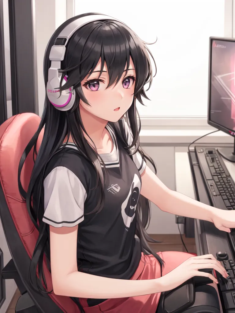 A imagem mostra uma jovem sentada em uma cadeira de jogos e jogando videogames. Ela tem cabelos pretos longos, olhos roxos e está usando uma camiseta preta e branca com um panda. Ela também está usando fones de ouvido. O fundo da imagem é um borrão de cores claras.