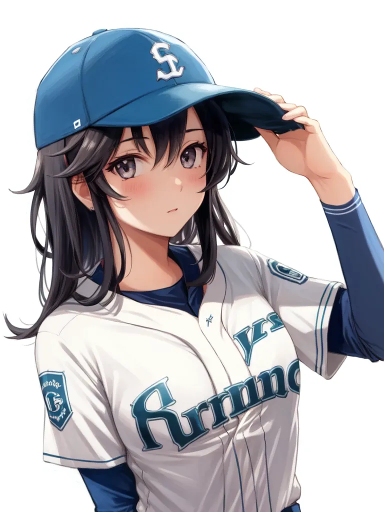 The image shows a young woman wearing a baseball cap and jersey. The cap is blue with a white \