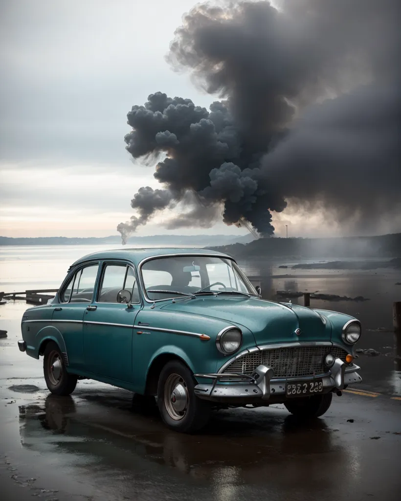 La imagen muestra un coche vintage de color azul claro estacionado en una carretera pavimentada junto a un cuerpo de agua. Hay una gran columna de humo negro que se eleva hacia el cielo en el fondo. El coche es un sedán de cuatro puertas con parachoques cromados y neumáticos de pared blanca. La carretera está mojada por la lluvia y el coche se refleja en el agua. El cielo está nublado y hay una nube oscura de humo en el fondo.