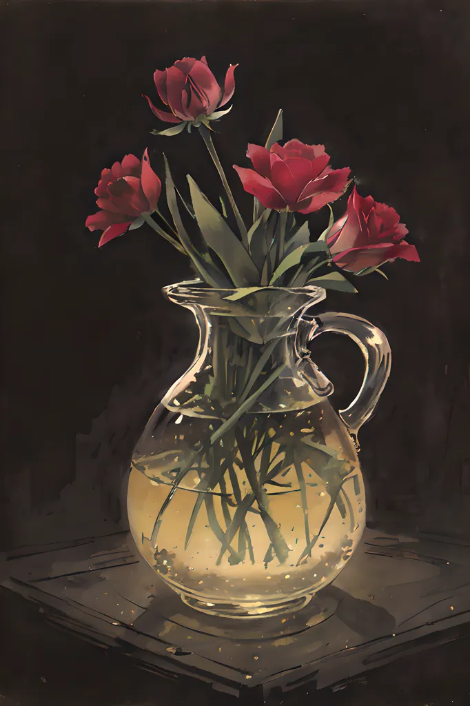 The image is a still life of a vase of red roses. The vase is a clear glass pitcher with a large handle. It is about 1/3 filled with water and a variety of red roses in different stages of bloom. The roses are dark red, with velvety petals. The leaves are a deep green color. The vase is sitting on a dark wooden table. The background is a dark brown color. The painting is done in a realistic style, with close attention to detail. The light in the painting is coming from the left side of the frame. It is casting shadows on the vase and the roses. The painting is very beautiful and has a calming effect.