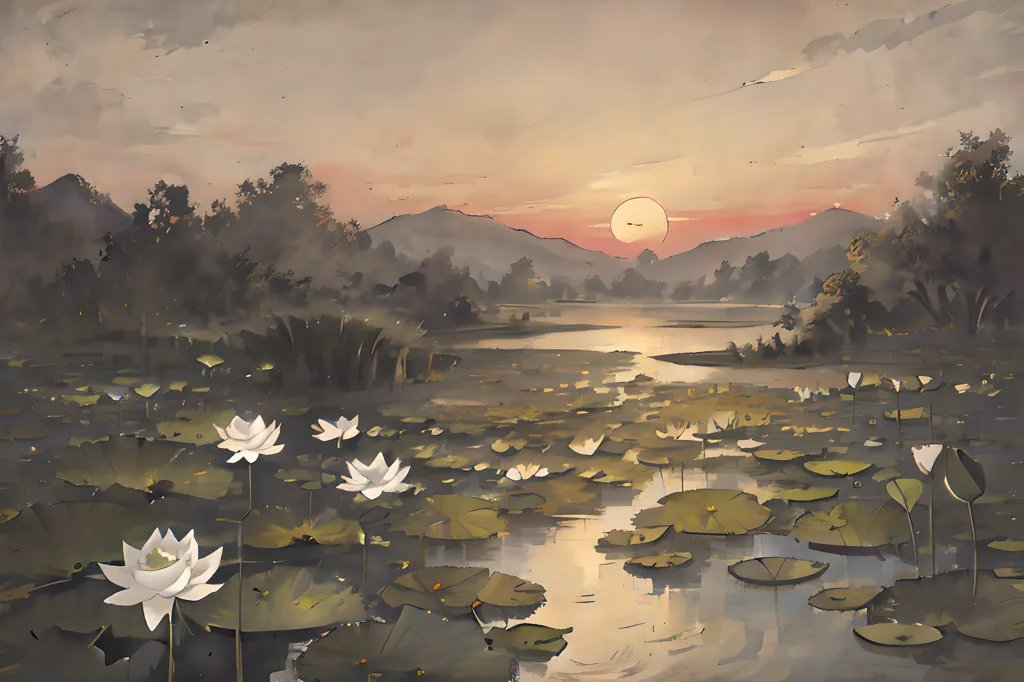 The image is a painting of a lake with white lotuses. The background is a sunset over a mountain range. The painting is done in a realistic style and the colors are vibrant and saturated. The water in the lake is a deep blue and the lotus flowers are a bright white. The mountains in the background are a deep purple and the sky is a bright orange. The painting is very peaceful and serene and captures the beauty of nature.