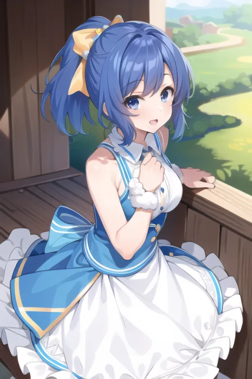 The image shows an anime-style girl with blue hair and blue eyes. She is wearing a blue and white dress with a yellow bow in her hair. She is standing on a wooden porch, looking out at a field of green grass and trees. The image is drawn in a soft, painterly style, and the colors are bright and vibrant.