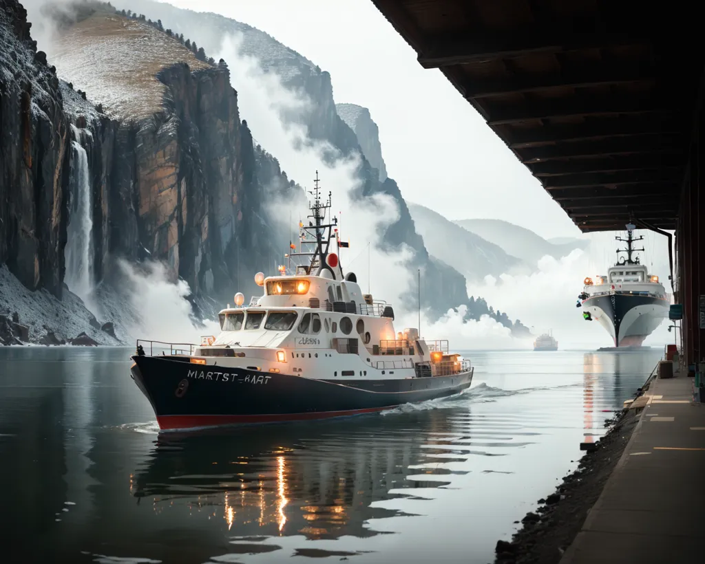 A large black and white ship is sailing through a narrow fjord. The ship is surrounded by tall, snow-capped mountains. The water in the fjord is very calm. There is a small dock on the right side of the fjord. There is another ship docked at the pier.