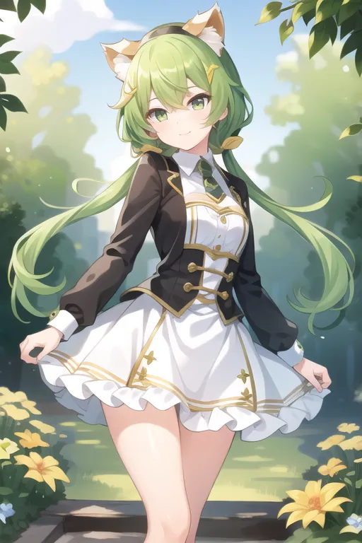 A imagem é um desenho em estilo anime de uma garota com cabelos verdes longos e orelhas de gato. Ela está vestindo um vestido branco com um casaco preto e uma gravata borboleta verde. Ela está em pé em um campo de flores, e há árvores e um céu azul ao fundo. A garota está sorrindo e com os olhos fechados.