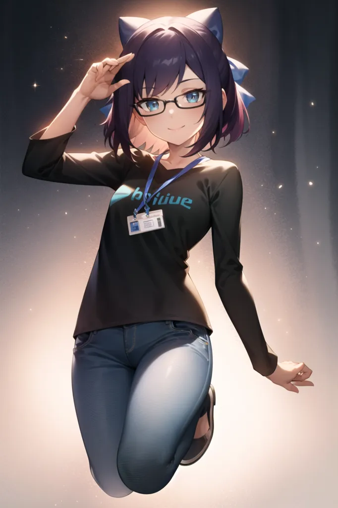 A imagem é de uma garota em estilo anime com cabelo azul e olhos roxos. Ela está usando uma camiseta preta com um cordão azul com um crachá que diz "bilibili". A garota tem orelhas de gato e está usando óculos. Ela também está usando jeans azuis. A garota está em uma pose ajoelhada e tem uma expressão brincalhona no rosto.