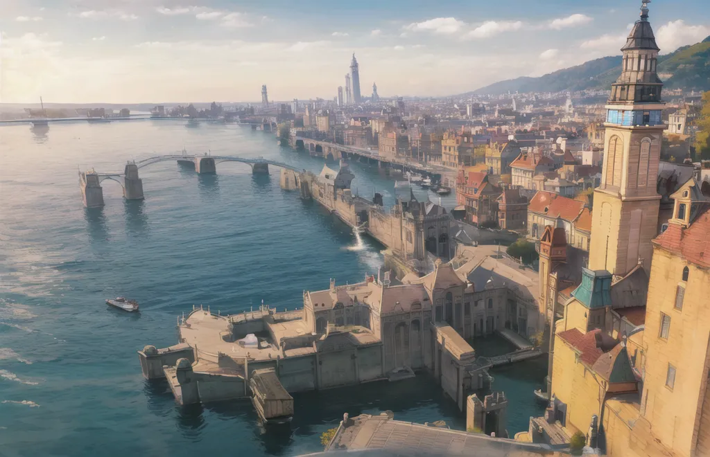 L'image montre une ville construite sur une rivière. La rivière est large et bleue, et elle traverse le milieu de la ville. Il y a des ponts sur la rivière, et il y a des bâtiments et des maisons des deux côtés de la rivière. Les bâtiments sont grands et étroits, et ils sont faits de pierre. La ville est entourée d'un mur, et il y a des tours aux coins du mur. Il y a des gens qui marchent dans les rues, et il y a des bateaux sur la rivière. Le ciel est bleu, et il y a des nuages dans le ciel.