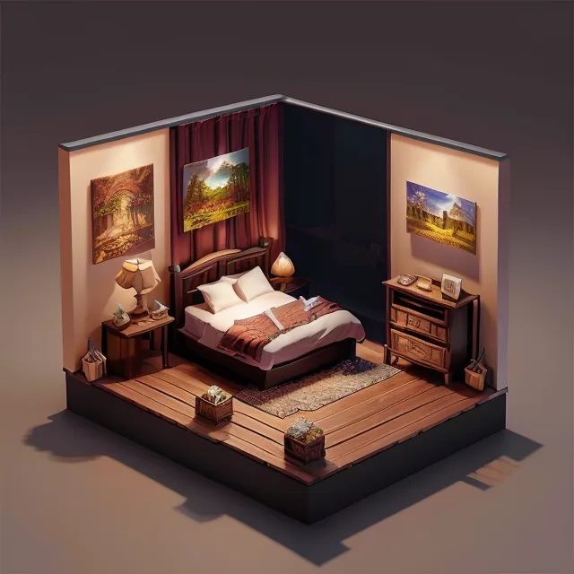 L'image est un rendu 3D d'une chambre à coucher confortable. La pièce est décorée dans un style chaleureux et accueillant, avec des sols et des meubles en bois. Il y a un lit, une commode et une table de nuit dans la pièce. Le lit est fait avec une couette blanche et des oreillers marron. Il y a une peinture d'une forêt sur le mur au-dessus du lit. Il y a une lampe sur la table de nuit. La commode a un miroir sur le dessus. Il y a une horloge murale à côté de la commode. Il y a un tapis marron sur le sol devant le lit. Il y a deux fenêtres dans la pièce. Les rideaux des fenêtres sont ouverts. Il y a une vue sur une forêt à l'extérieur des fenêtres. L'image est rendue dans un style réaliste, avec une lumière douce et des ombres. L'effet global est celui de la chaleur et de la convivialité.