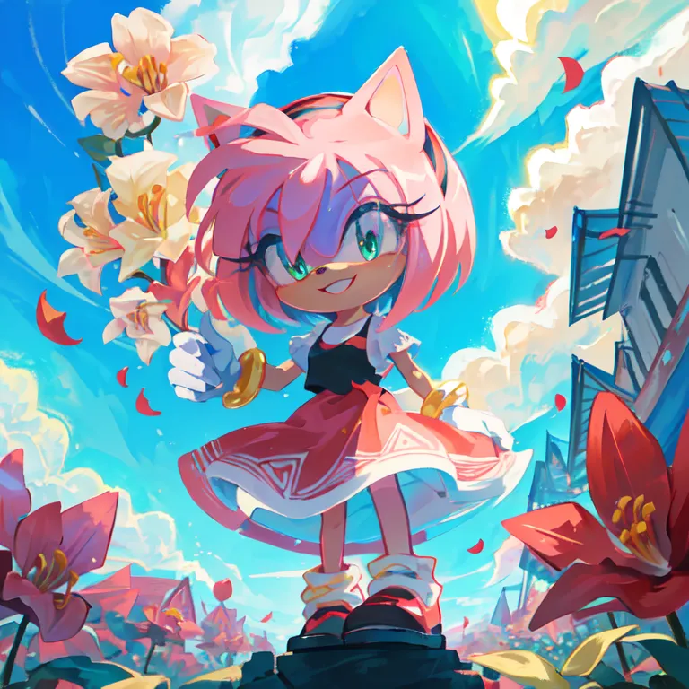 The image shows Amy Rose, a character from the Sonic the Hedgehog series. She is standing in a field of flowers, holding a bouquet of white lilies. She is wearing a red and white dress with a white bow in her hair. Her quills are done up in a short bob. She has a determined smile on her face. The background is a light blue sky with white clouds.