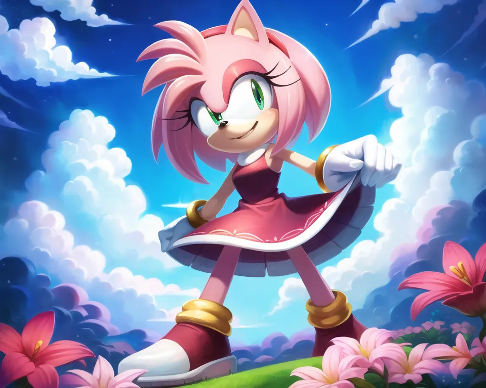 The image shows Amy Rose, a character from the Sonic the Hedgehog series. She is standing in a field of flowers, with a determined smile on her face. She is wearing a red and pink dress, with a white collar and gold trim. She also has gold bracelets on her wrists and white boots with gold buckles. Her hair is pink and styled in a ponytail, with bangs that frame her face. She has green eyes and a small, heart-shaped nose. She is standing with her feet shoulder-width apart, and her arms are slightly bent at the elbows, with her hands resting on her hips. She is looking at the viewer with a confident expression. The background of the image is a blue sky with white clouds, and there are green hills in the distance.