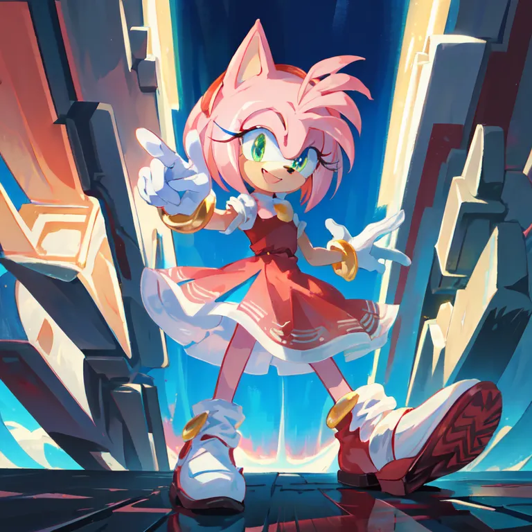 The image shows a pink anthropomorphic hedgehog with green eyes. She is wearing a red dress with a white collar and gold trim. She has white gloves and red and white shoes. She is standing in a futuristic city with tall buildings and blue lights. She is smiling and pointing with one hand.