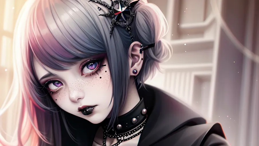 The image is a portrait of a young woman with an alternative style. She has gray and pink hair styled in twin buns, and her eyes are a light purple color. She is wearing a black choker with a silver chain, and her ears are pierced with silver earrings. She is also wearing a black jacket. The background is a blurred white.