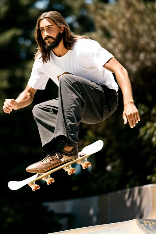 The image shows a young man with long brown hair and a beard. He is skateboarding in the air. He is wearing a white shirt, dark pants, and brown shoes. The background is blurry, but it looks like there are trees in the background. The man is skateboarding on a skateboard that has white wheels. He has his arms out in front of him and looks like he is having a lot of fun.