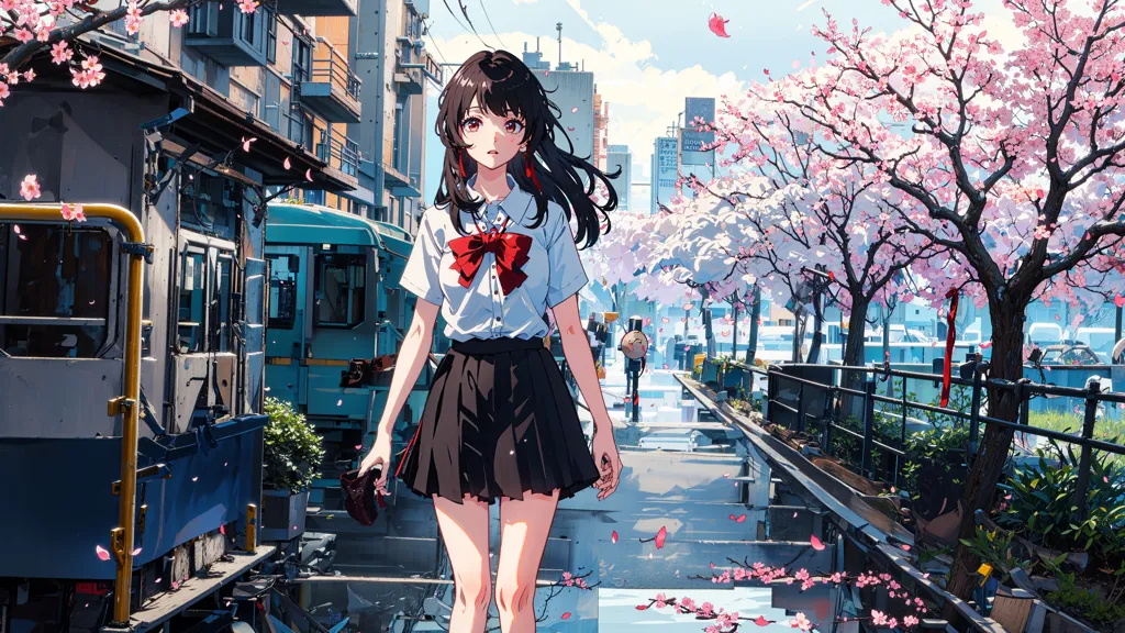 A young girl with long, dark brown hair is walking down a street in Japan. She is wearing a white shirt, a black skirt, and a red bow. The street is lined with cherry trees, which are in bloom. The girl is carrying a pink bag. There is a building with blue walls and a green roof in the background.