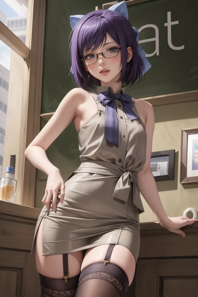 A imagem é de uma mulher jovem com cabelo roxo e óculos. Ela está usando um vestido bege com um laço azul e um avental branco. Ela também está usando meias-calças pretas e botas até a coxa. Ela está em pé em uma sala com um quadro-negro atrás dela. No quadro-negro está escrita a palavra \