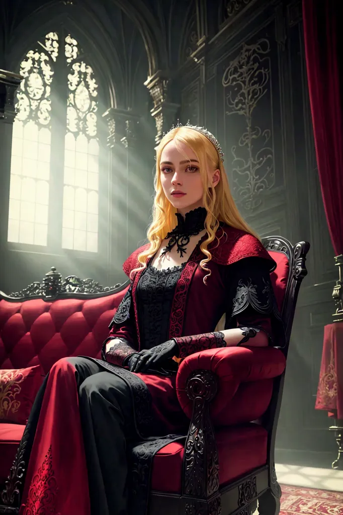 The image shows a woman sitting on a red velvet throne in a dark room. She is wearing a red and black dress with a high collar and a crown on her head. She has long blonde hair and pale skin. The room is decorated with dark wood and red velvet. There is a large window in the background of the room.